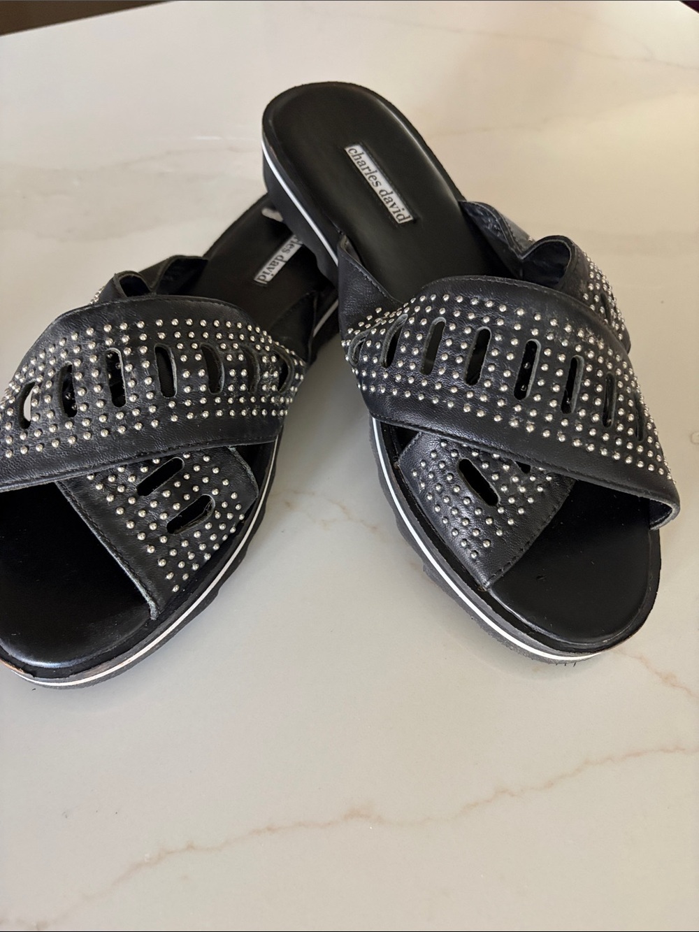 Charles David Black Studded Crossband Slide Mules